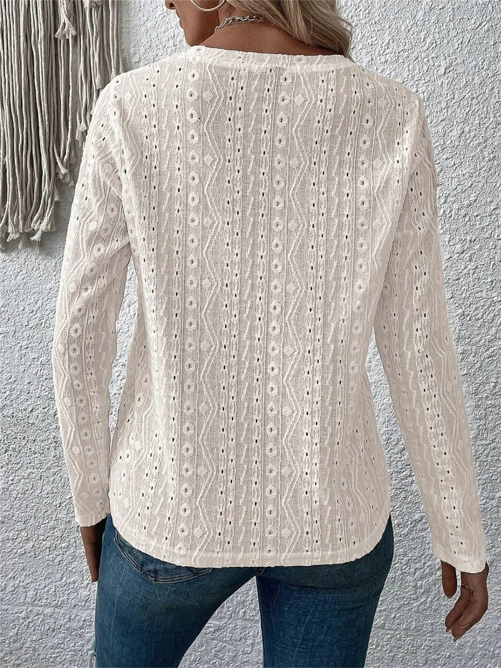 Solid color long short sleeved hollow casual shirt