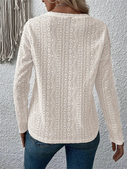 Solid color long short sleeved hollow casual shirt
