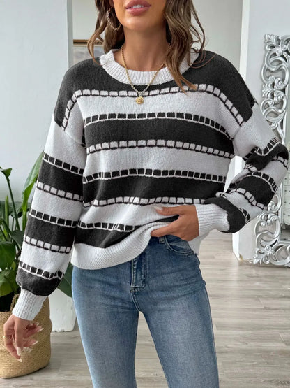 Color blocking striped casual pullover sweater