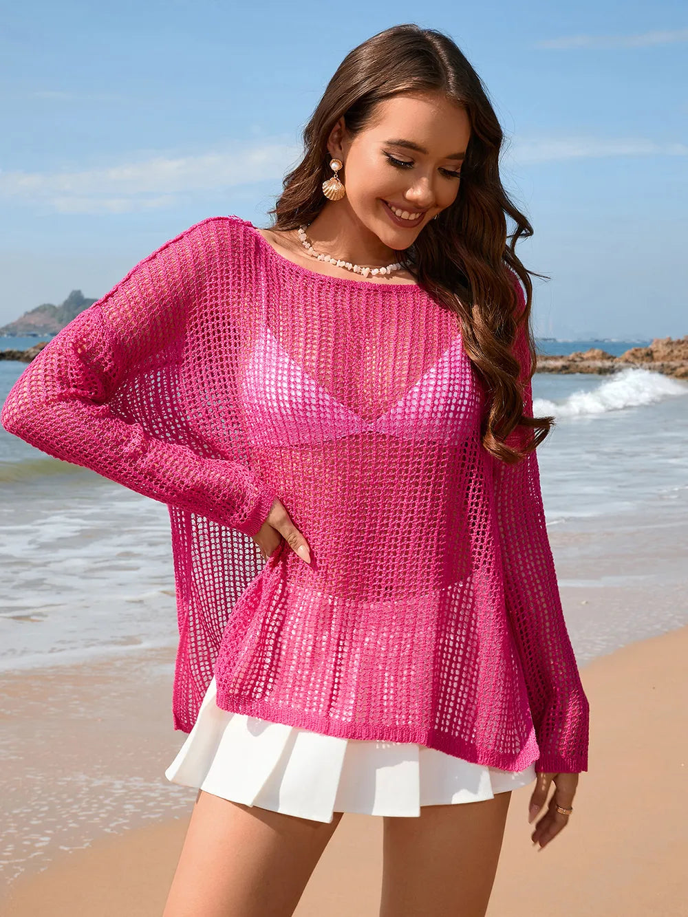 Solid color long sleeved knitted fashionable vacation bikini beach cover shirt