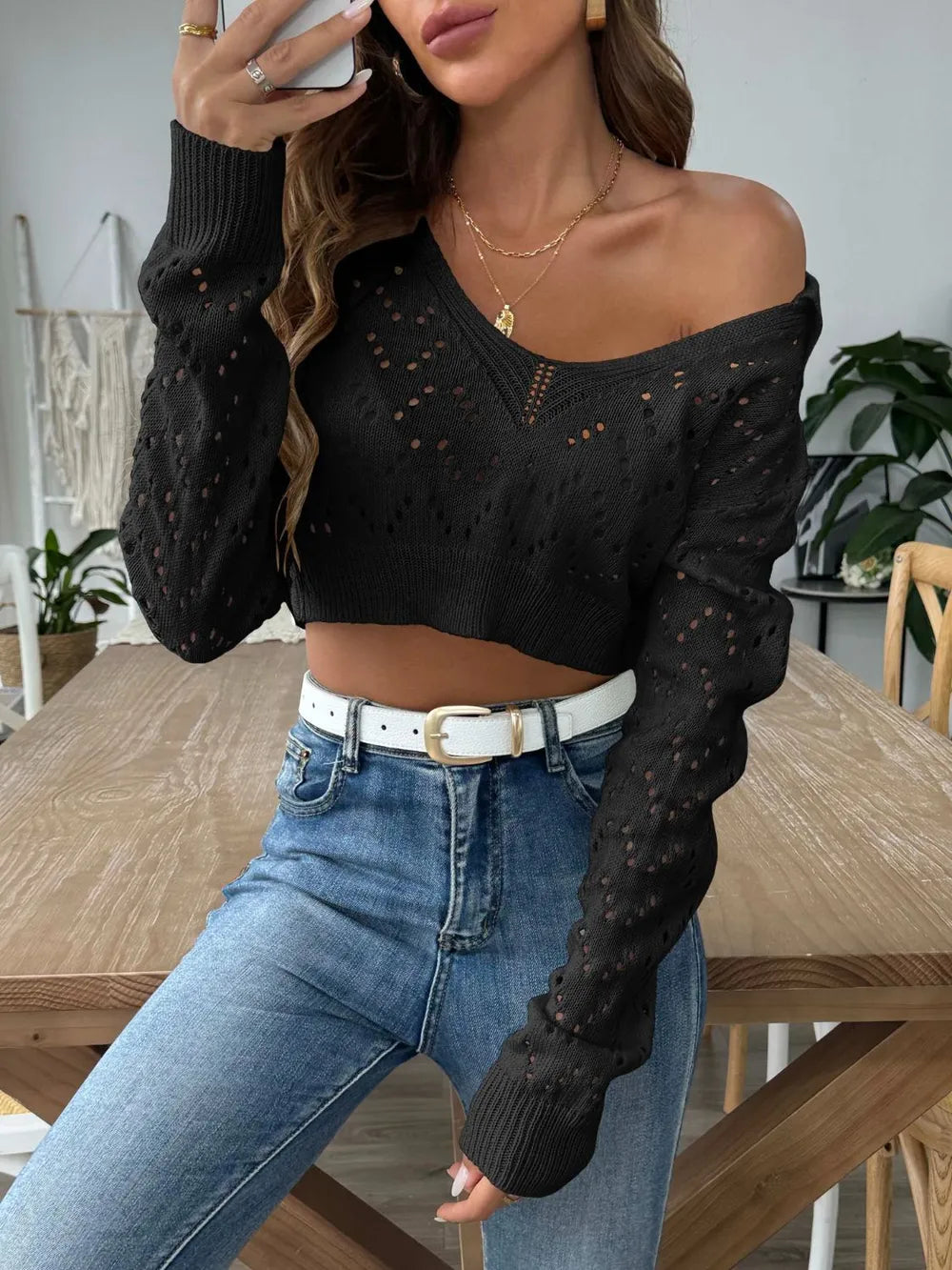 Polo collar hollowed out crop top sweater