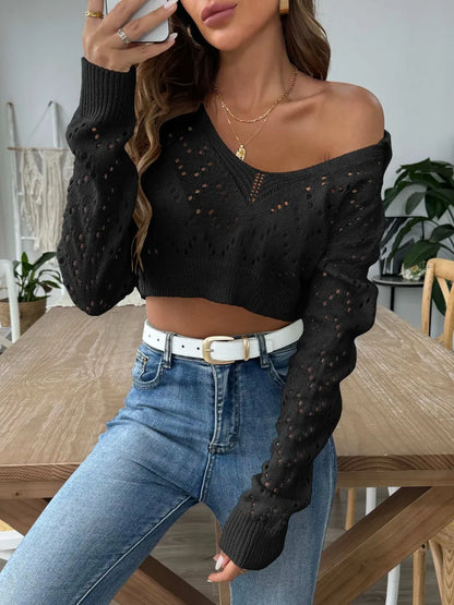 Polo collar hollowed out crop top sweater