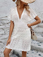 Beach skirt ripple hollow out dress deep V elastic waist