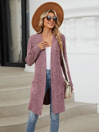 Autumn and winter long color long sleeved loose pocket cardigan jacket for women