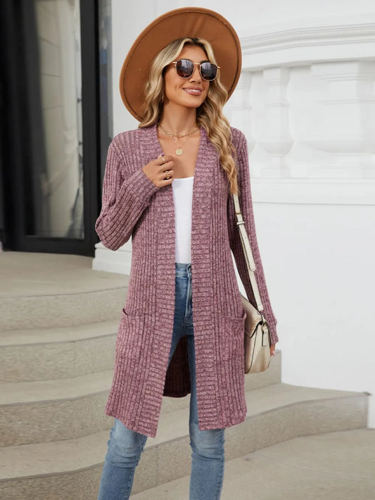 Autumn and winter long color long sleeved loose pocket cardigan jacket for women