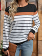 Casual simple and versatile long sleeved round neck striped sweatshirt