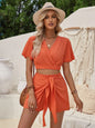 Casual short sleeved shorts set for women new lace up solid color set