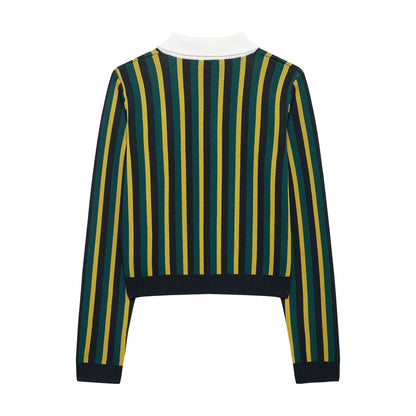 Striped lapel long sleeved casual knit sweater