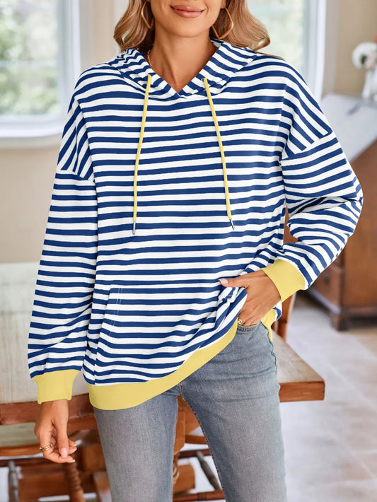 Loose casual striped hooded sweatshirt