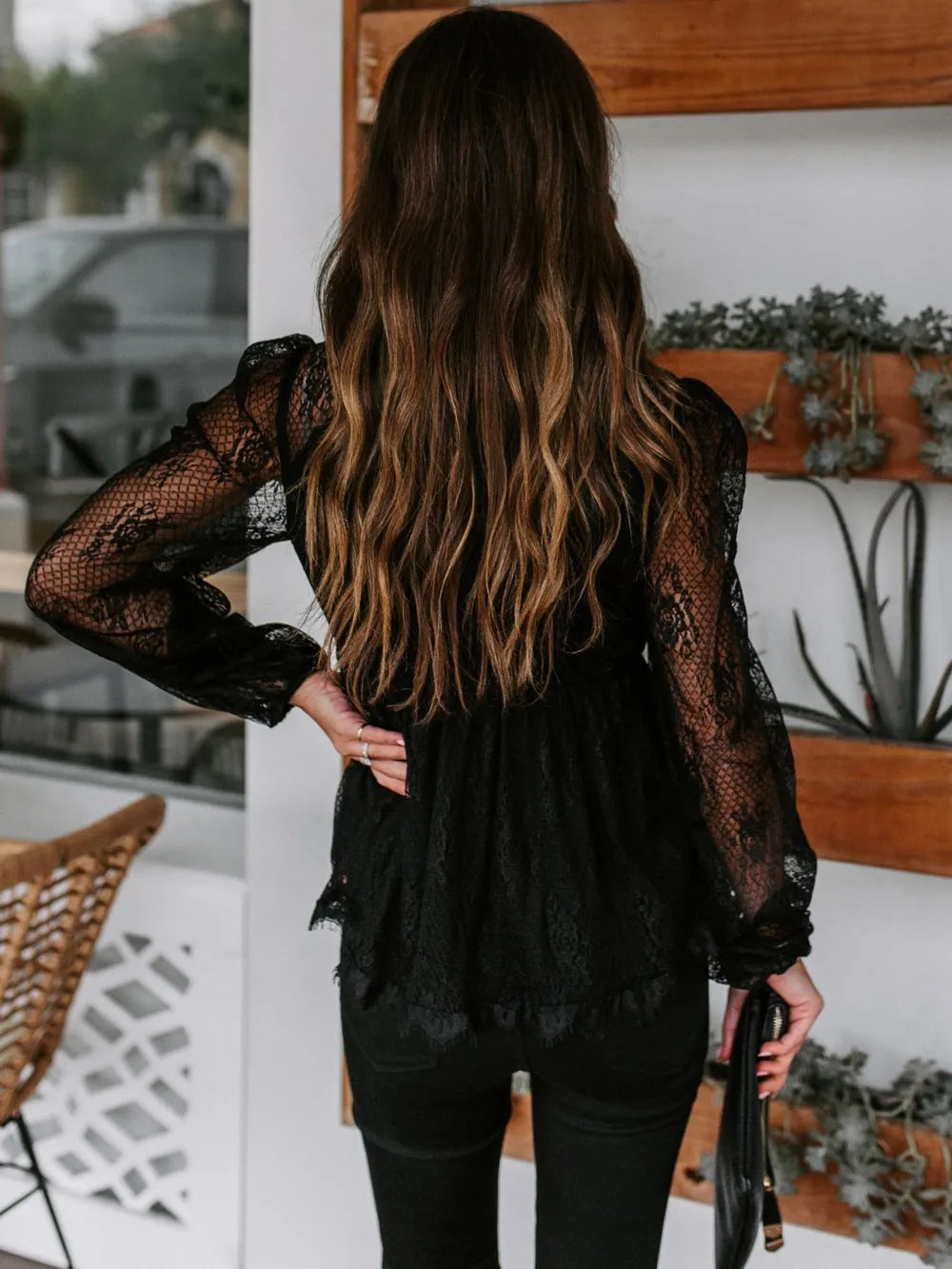 Autumn New Lace Embroidery Splicing Lace Bow Strap Long Sleeve Top