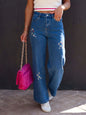 Fashionable and versatile floral embroidery slimming women's denim wide leg pants