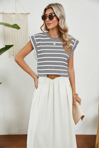 Striped Round Neck Cap Sleeve T-Shirt