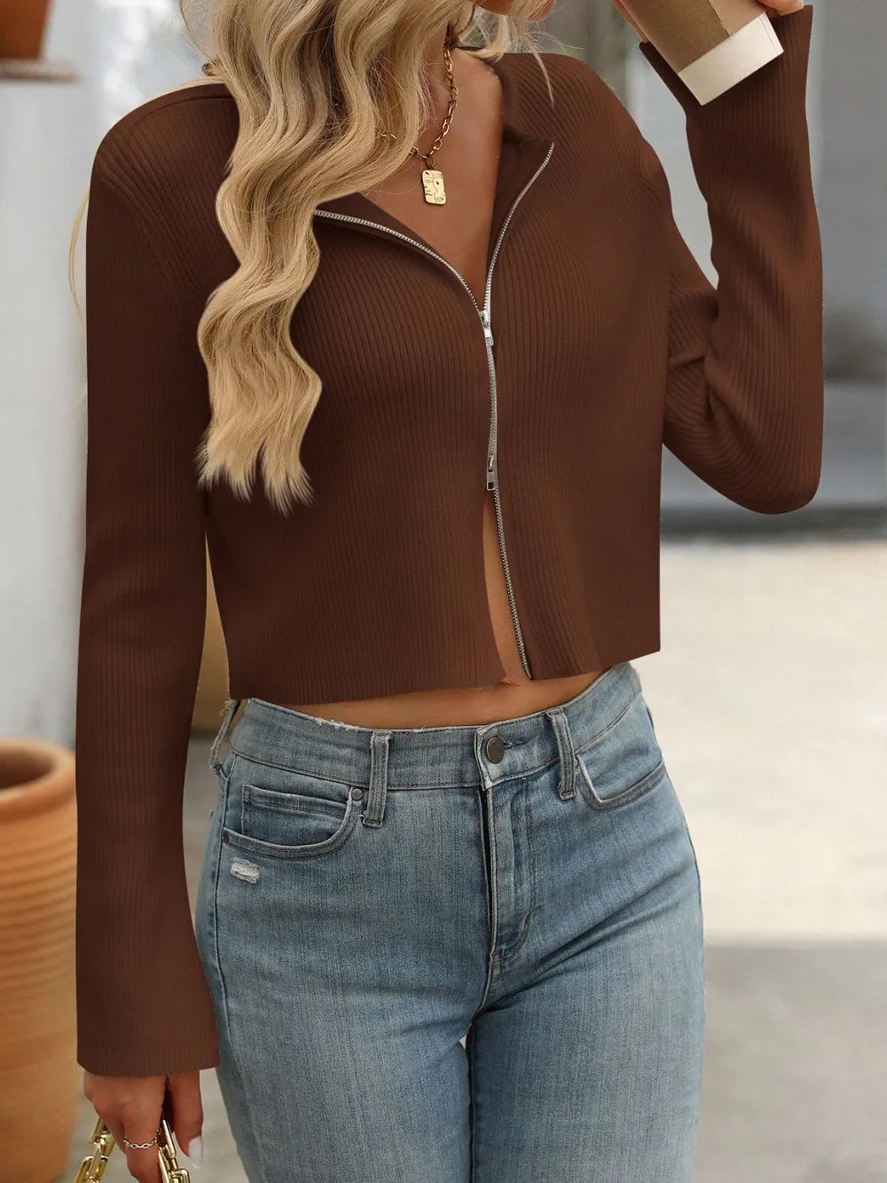 Ladies' spicy girl solid color long sleeved zipper cardigan sweater