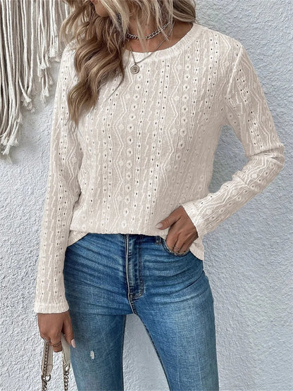 Solid color long short sleeved hollow casual shirt
