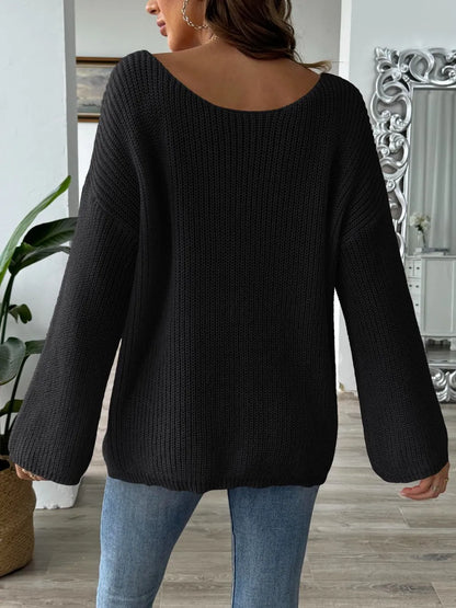 Loose one neck off shoulder flared sleeve sweater
