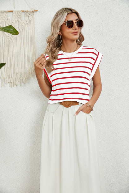 Striped Round Neck Cap Sleeve T-Shirt