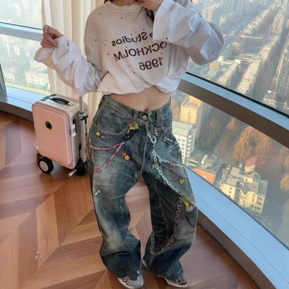 New 3D candy chain printed imitation jeans loose fit
