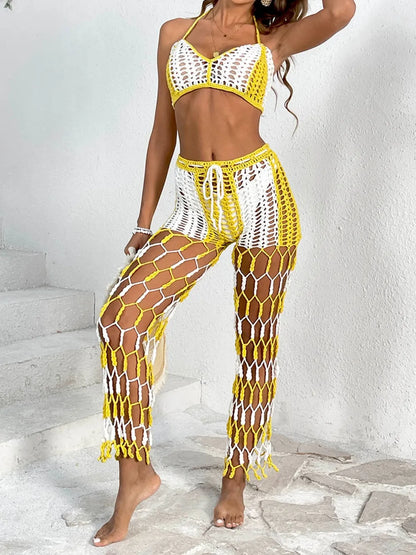 Beach pants top set mesh beach pants color engraved with hand hook flower