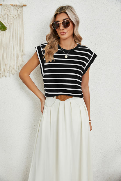 Striped Round Neck Cap Sleeve T-Shirt