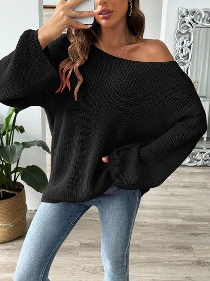 Loose one neck off shoulder flared sleeve sweater