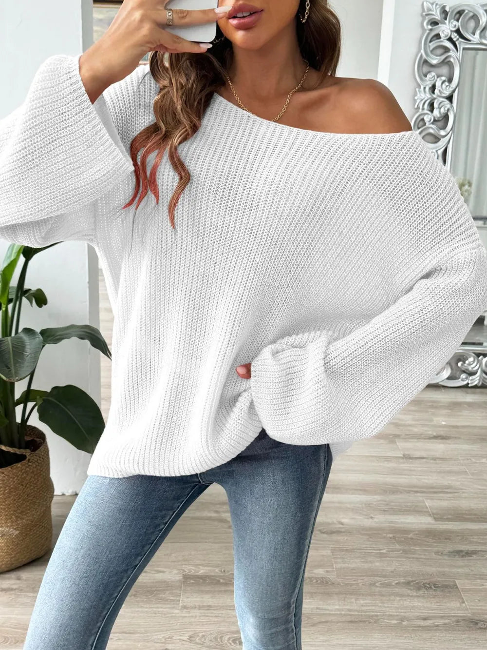 Loose one neck off shoulder flared sleeve sweater