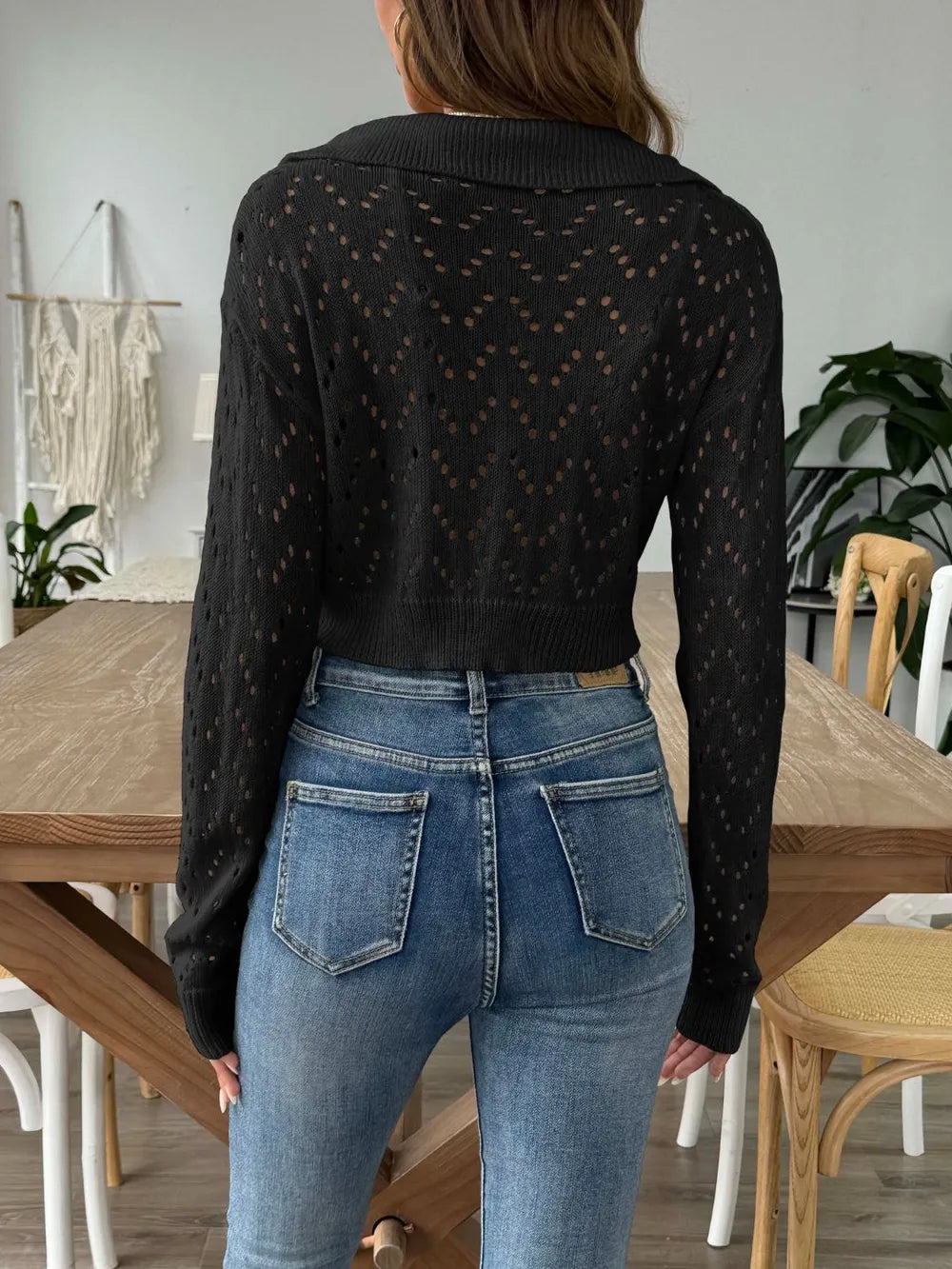 Polo collar hollowed out crop top sweater