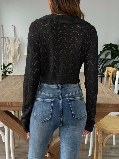 Polo collar hollowed out crop top sweater