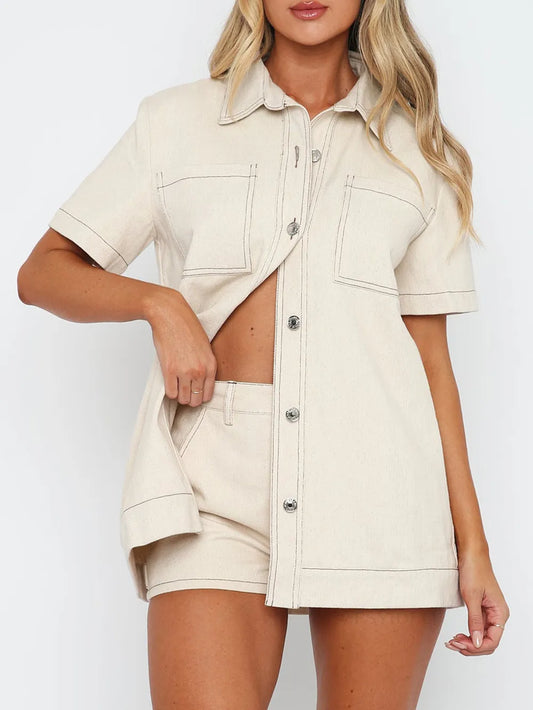 Retro workwear long shirt shorts two-piece set fashionable casual suit for women