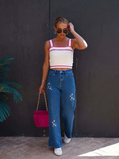 Fashionable and versatile floral embroidery slimming women's denim wide leg pants