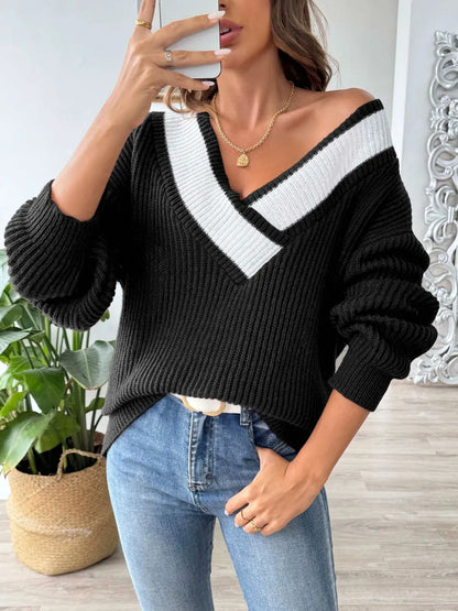 Color blocking splicing large V-neck loose woven sweater pullover sweater