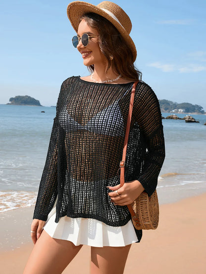Solid color long sleeved knitted fashionable vacation bikini beach cover shirt