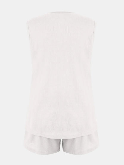 Full Size Waffle-Knit Notched Top and Shorts Set