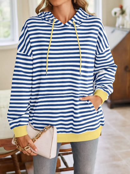 Loose casual striped hooded sweatshirt