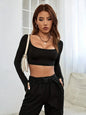 Sports and leisure cropped knitted high stretch long sleeved T-shirt top