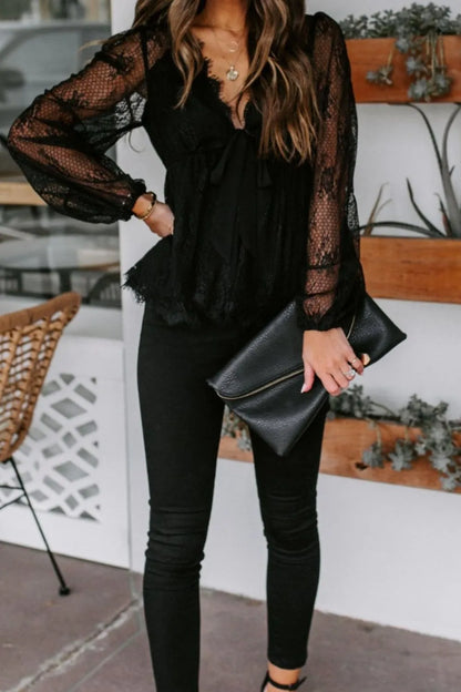 Autumn New Lace Embroidery Splicing Lace Bow Strap Long Sleeve Top