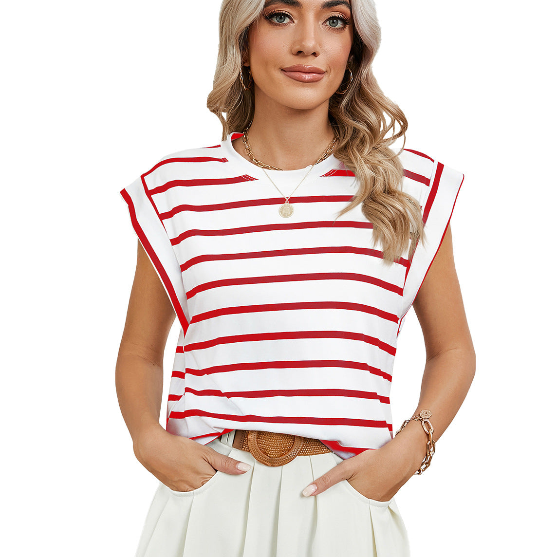 Striped Round Neck Cap Sleeve T-Shirt