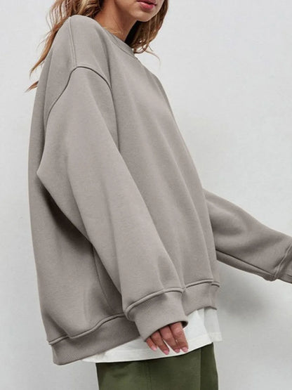 Autumn and winter new solid color round neck loose pullover sweatshirt long sleeved fleece sweater for women