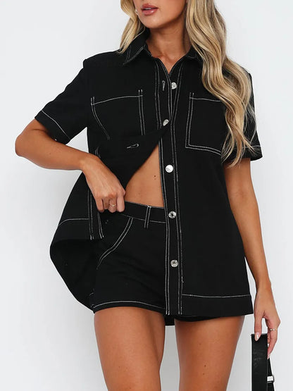 Retro workwear long shirt shorts two-piece set fashionable casual suit for women