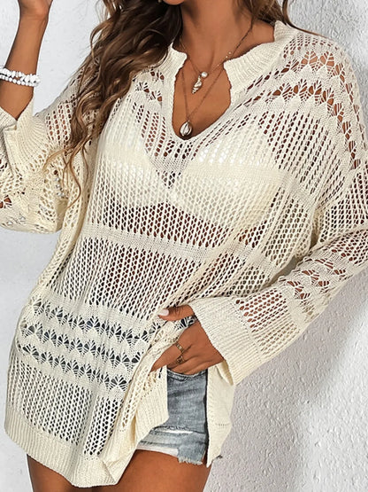 Hollow out top long sleeved beach top