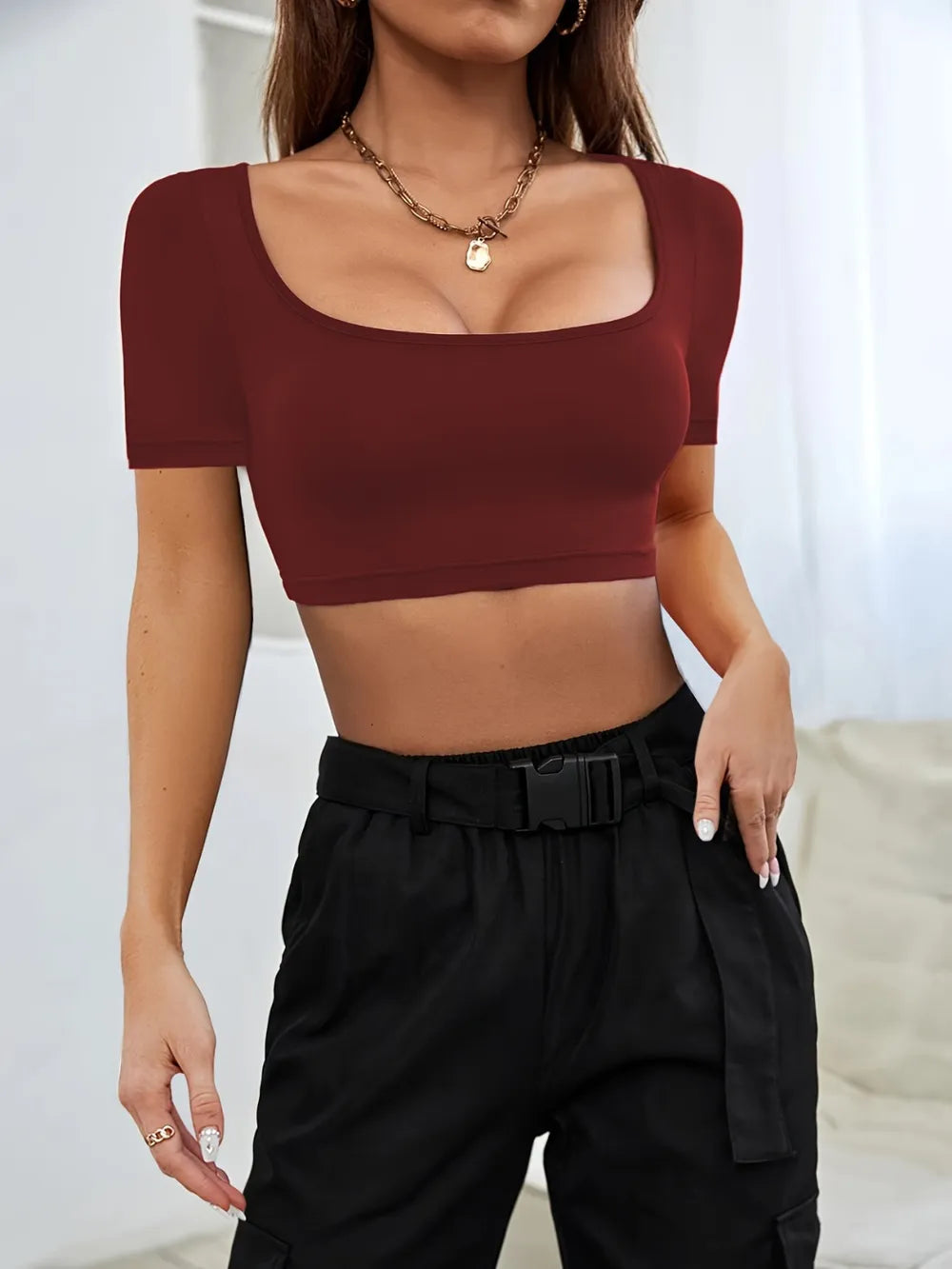 Sports and leisure women's short knitted high elasticity T-shirt top