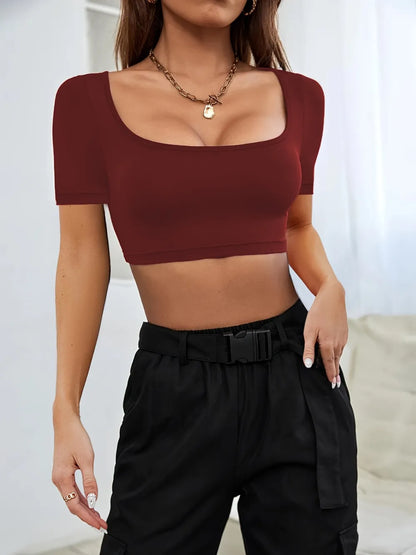 Sports and leisure women's short knitted high elasticity T-shirt top