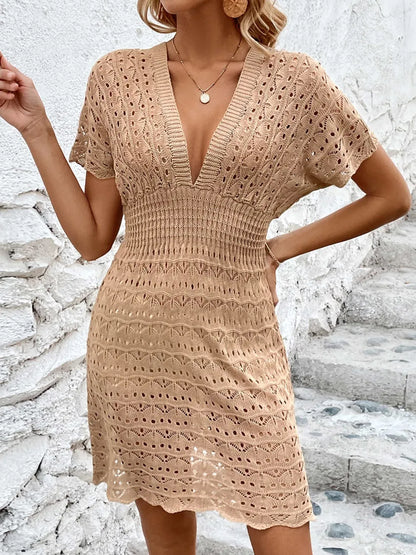 Beach skirt ripple hollow out dress deep V elastic waist