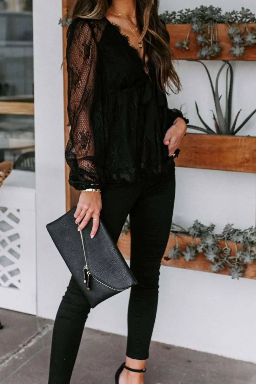 Autumn New Lace Embroidery Splicing Lace Bow Strap Long Sleeve Top