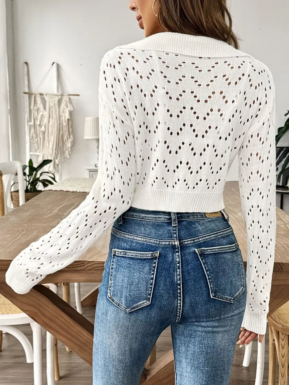Polo collar hollowed out crop top sweater