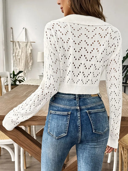 Polo collar hollowed out crop top sweater