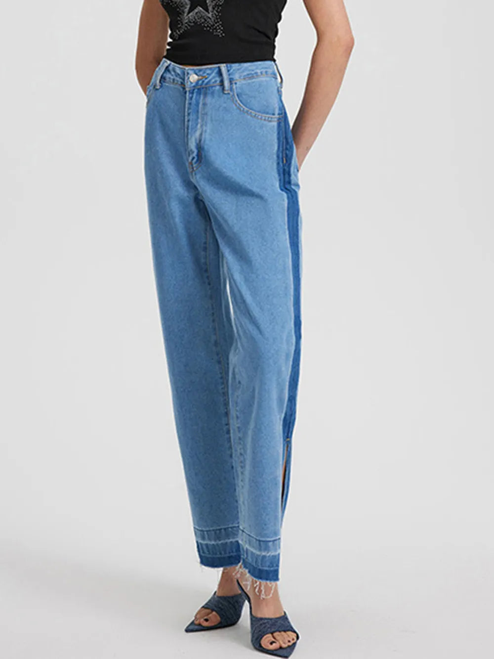 Retro casual high waisted leg slit straight leg denim pants