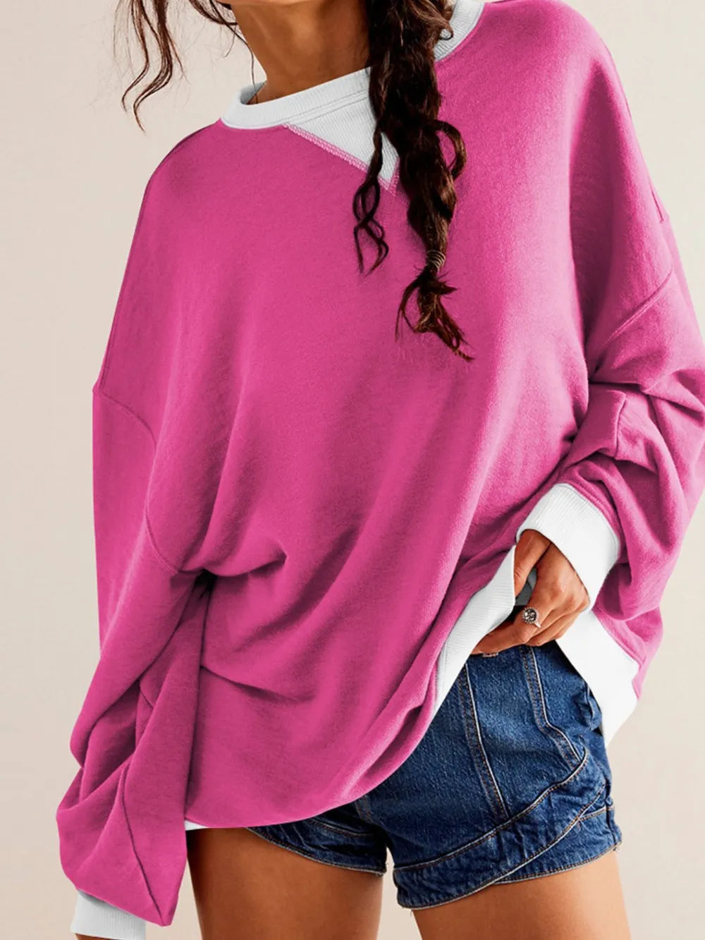 Long sleeved top loose trendy brand off shoulder round neck sweatshirt jacket for women in spring and autumn