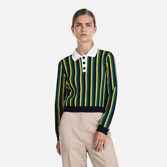 Striped lapel long sleeved casual knit sweater