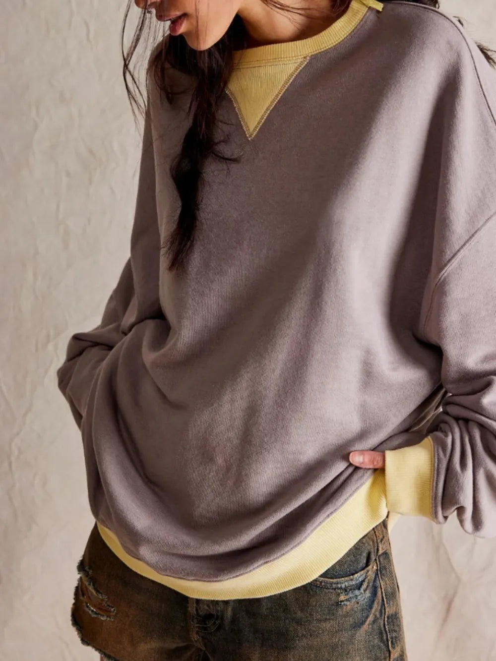 Long sleeved top loose trendy brand off shoulder round neck sweatshirt jacket for women in spring and autumn